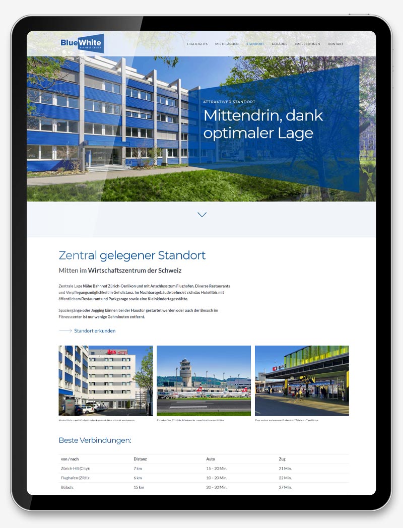 Corporate Website Digital Agentur Webagentur Webseite Website Webdesign Grafik Immobilien Vermietung BlueWhite Business Center Zuerich Basel ShowMyProject 2021 Buero Visualisierung