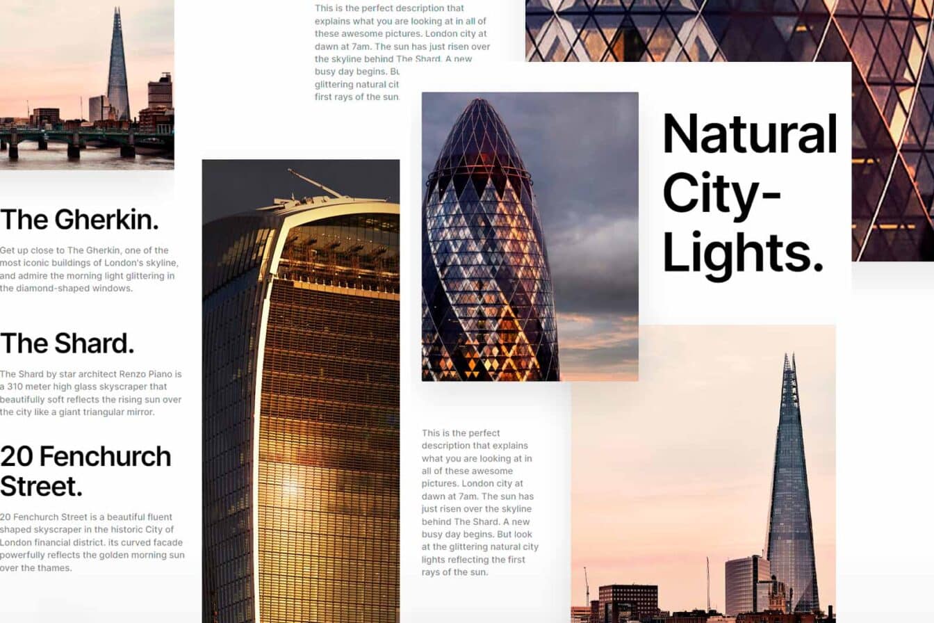 Freischwebende Webdesigns einzigartige kreative Layouts responsive Webdesign unterschiedliche Layouts Reihenfolge und Inhalten für unterschiedliche Devices und Displaygrössen London Natural City-Lights ShowMyProject Digital Agentur Basel 2022