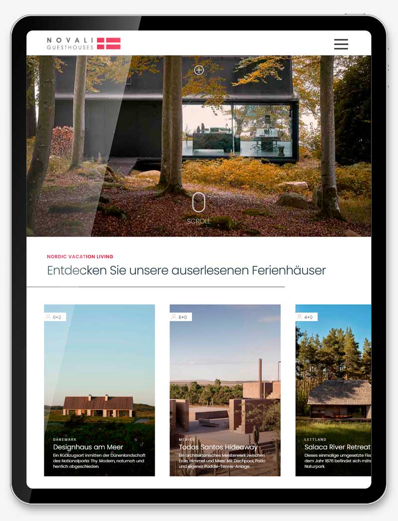 Vipp Guesthouses Booking Plattform Novali Nordic Vacation Living Corporate Website Webdesign Webagentur Onlineshop Entwicklung SEO Grafik Video Foto Digital Agentur Basel